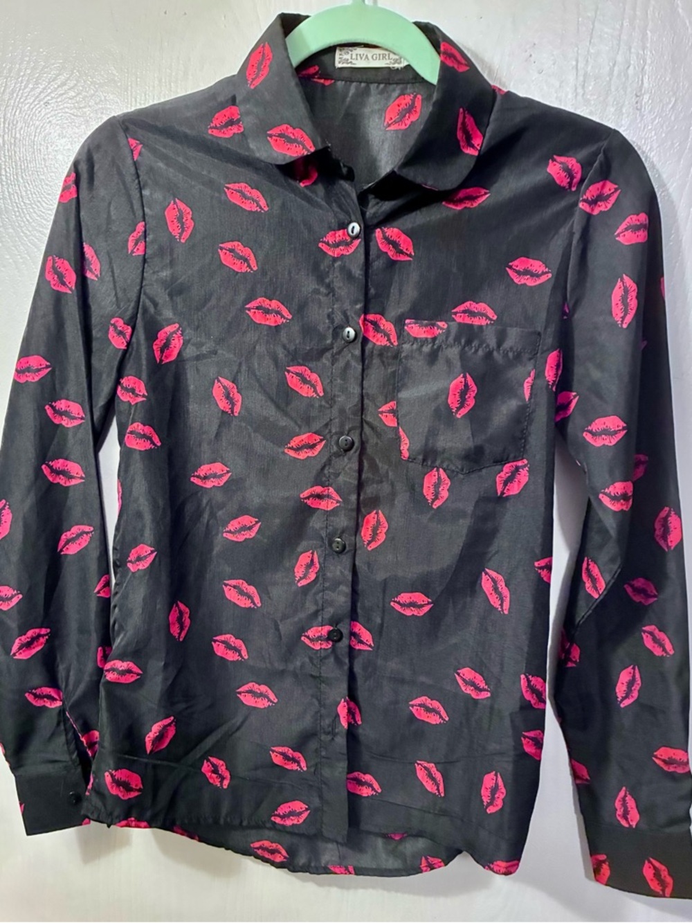 Liva Girl Black Button-Down Blouse with Pink Lip Print